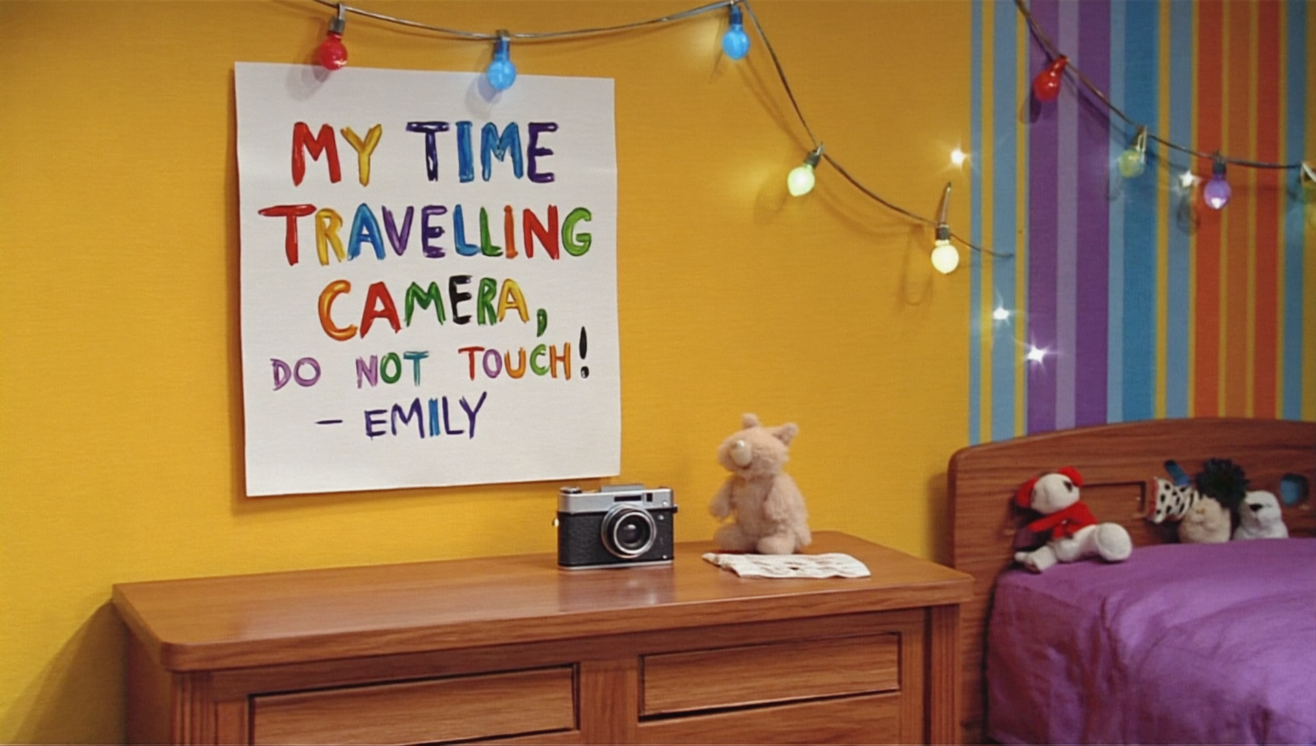 Frames a sign drawn in crayon saying 'My Time Travelling camera, DO NOT TOUCH! - Emily' a camera beside it, in a colourful kids bedroom, puppet style a-2, 2562646048 Frames a sign drawn in crayon saying 'My Time Travelling camera, DO NOT TOUCH! - Emily' a camera beside it, in a colourful kids bedroom, puppet style a-2, 2562646048